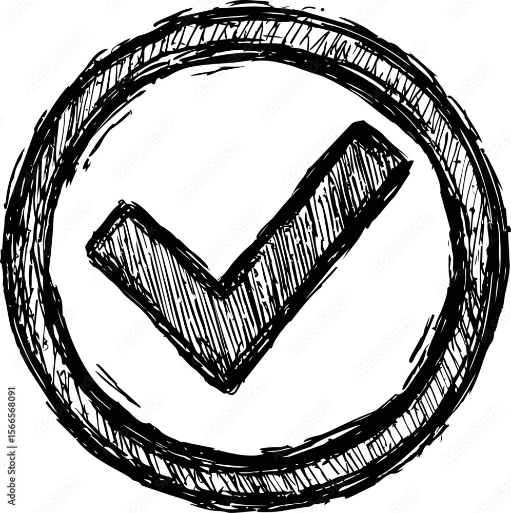 Poster Hand-drawn black check mark inside a circle with sketchy lines