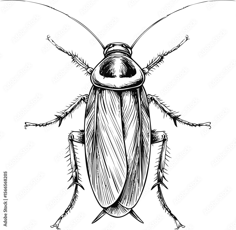 Poster detailed black and white sketch of a cockroach with intricate body structure