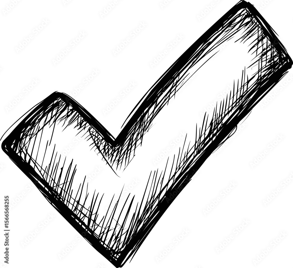 Poster Black and white sketched check mark with artistic lines in a minimalist style