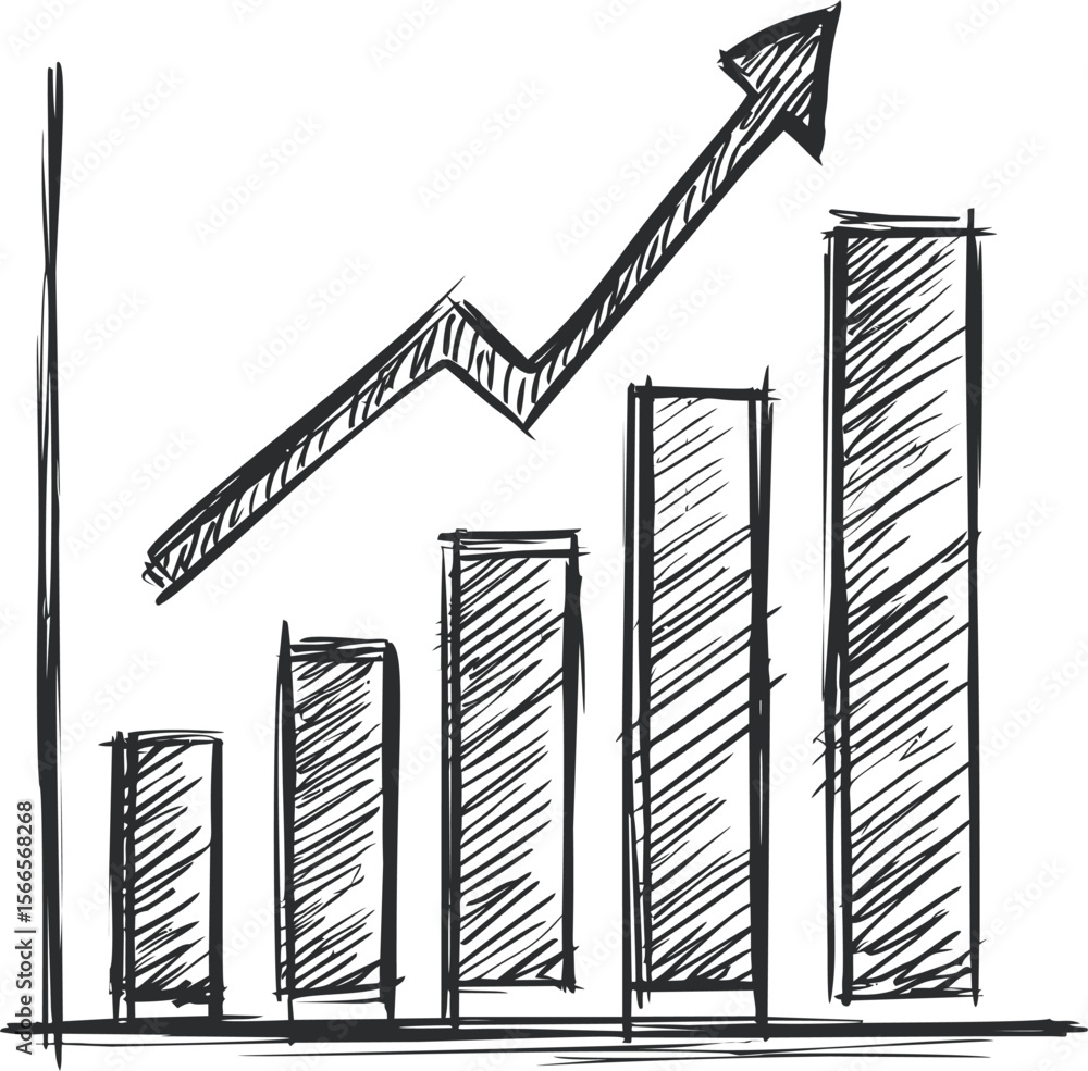 Poster hand-drawn bar chart with upward arrow showing growth and progress