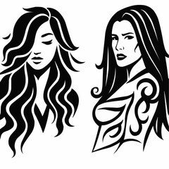 Vector illustration of two women with long hair and tattoos, highlighting their individuality and artistic flair