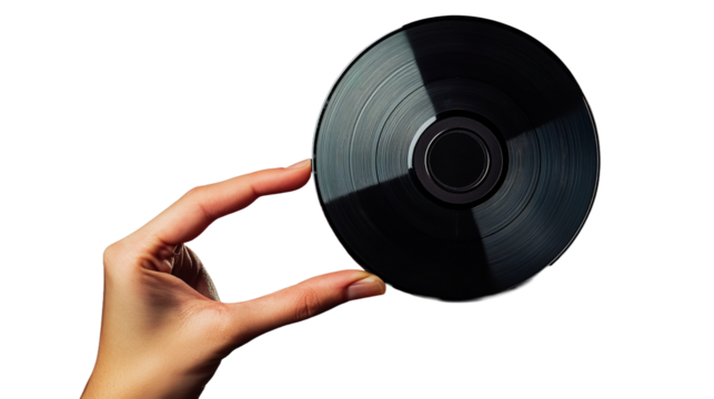 Holding onto a vintage vinyl record a tangible connection to musical history and nostalgia in on transparent background