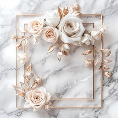 Floral arrangement in gold frame on marble background