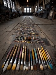 Obraz premium An array of paintbrushes in a dimly lit gallery, each with its own unique hues, awaits the artist's touch