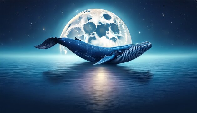 blue whale and full moon in the ocean generative ai