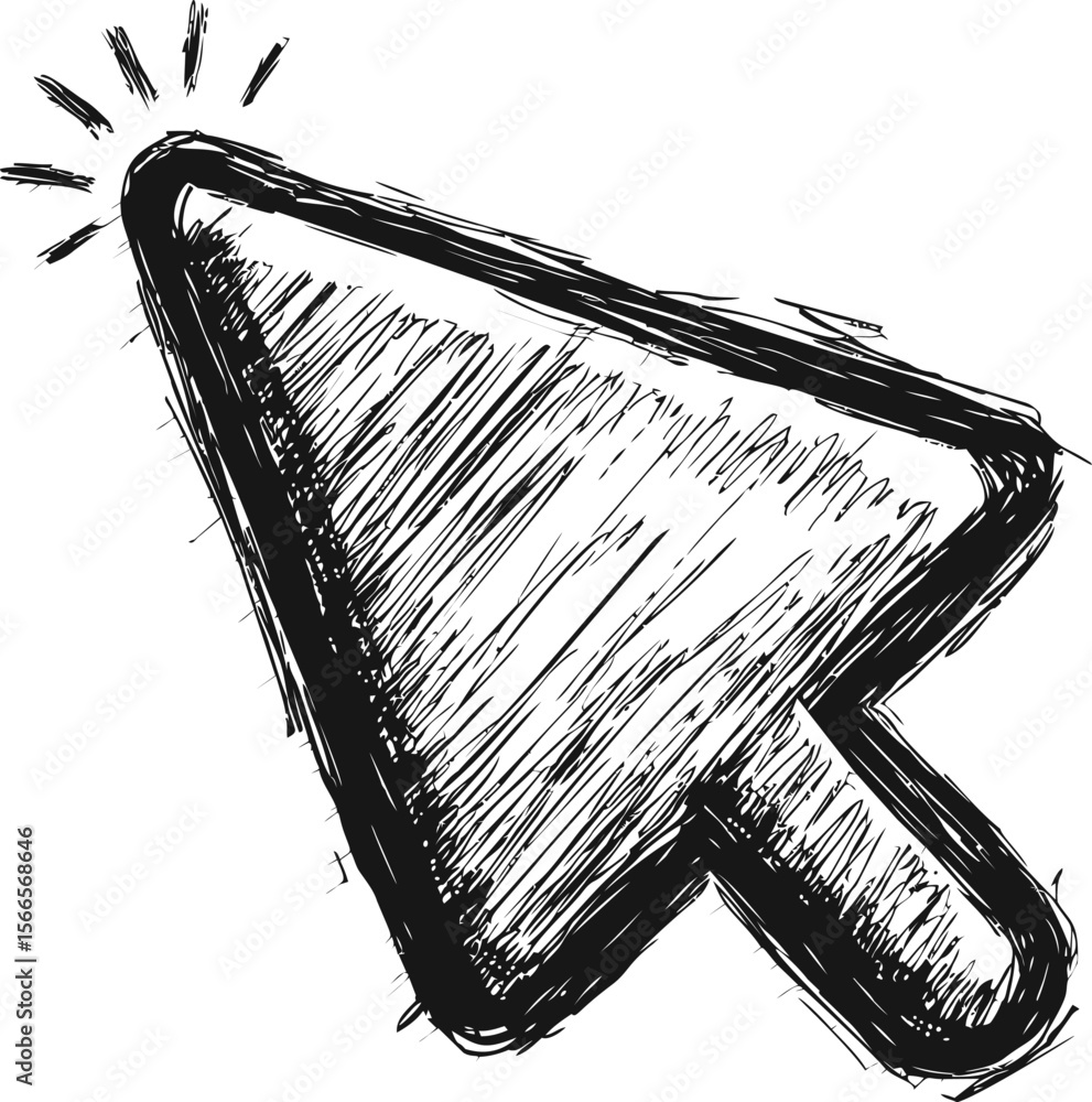 Poster Monochrome sketch style computer cursor arrow with hand-drawn shaded details