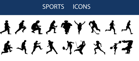 18 sports icons. Silhouettes. Vector illustration.