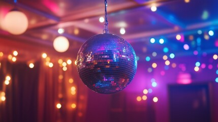 Glittering disco ball reflects colorful lights in a festive setting