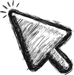 Monochrome sketch style computer cursor arrow with hand-drawn shaded details