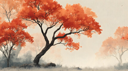 watercolor outline of bare trees with scattered red-orange leaves and soft golden fog