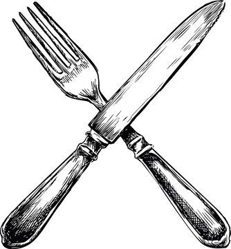 Crossed vintage fork and knife illustration in black and white sketch style