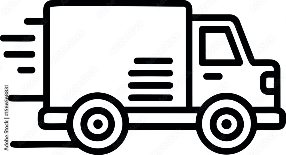 Poster simple black and white line icon of a fast delivery truck moving swiftly