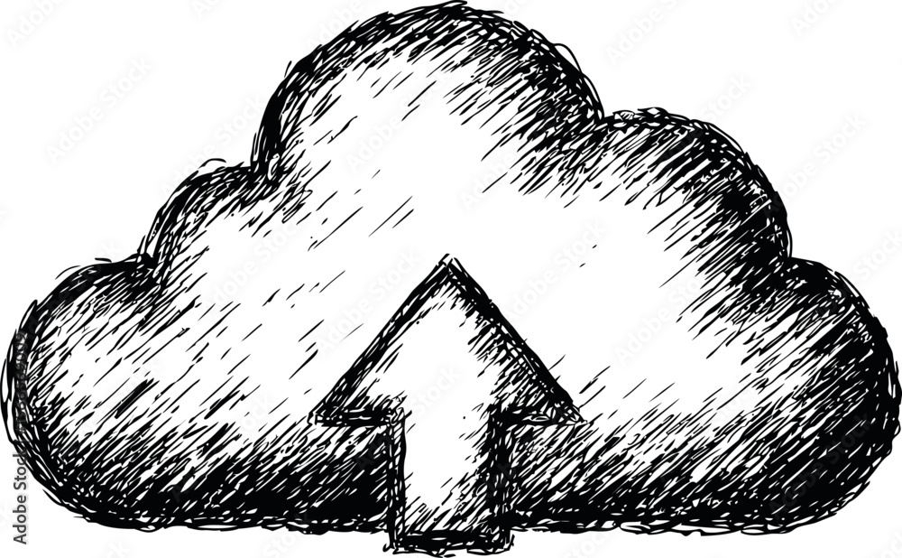 Poster Hand-drawn cloud icon with arrow sketch symbolizing data upload