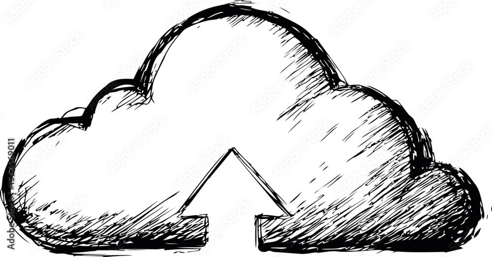 Poster sketched cloud with upload arrow in black and white illustration