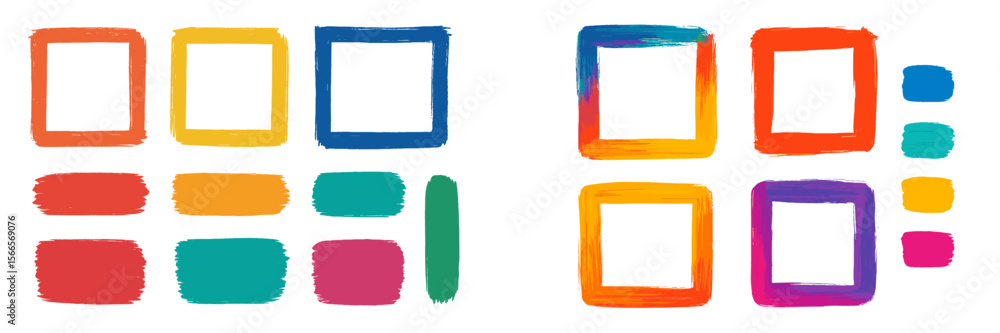 Poster colorful abstract shapes and frames created with expressive brush strokes on a white background show