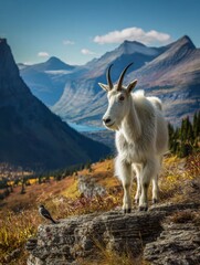 Obraz premium A lone mountain goat stands guard over the rugged terrain, its gaze fixed on the distant horizon, while a solitary bird perches nearby, both dwarfed by the grandeur of nature's backdrop
