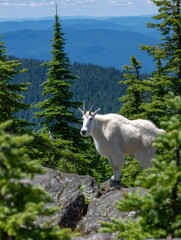 Obraz premium A lone mountain goat stands majestically atop a rugged rock amidst a verdant forest, with distant mountains stretching towards the horizon under a clear blue sky