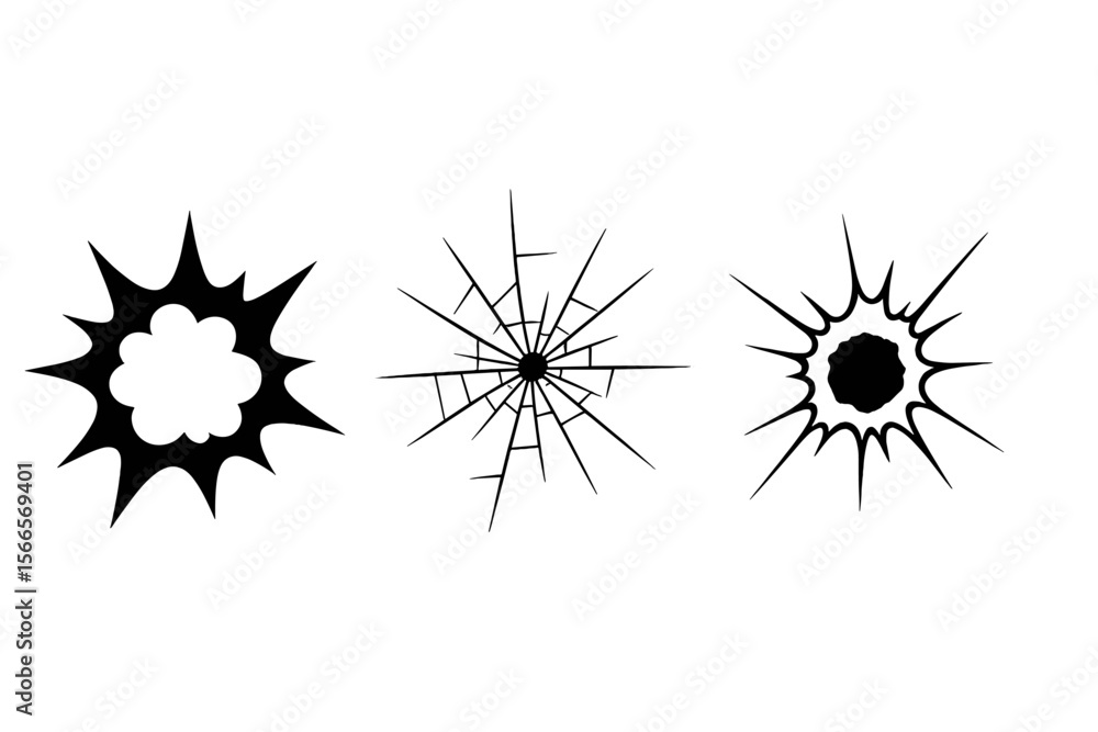 Poster black and white illustrations of explosion-like effects and cracks in various designs showcasing dyn
