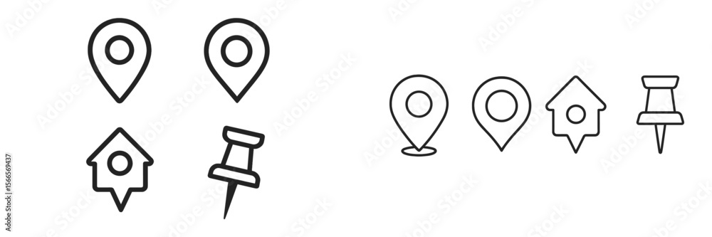 Poster cluster of location symbols and icons showing various points of interest and navigation elements in 