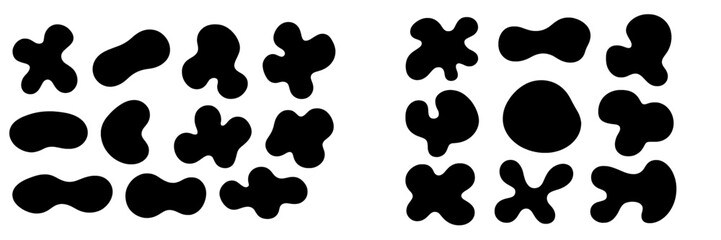 Abstract black shapes create a visually intriguing pattern with varied forms and sizes on a white background
