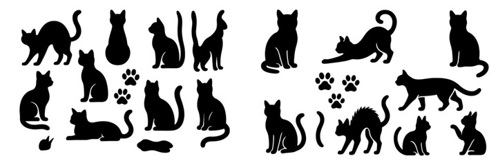 Silhouettes of various cat poses and shapes displayed creatively for artistic purposes