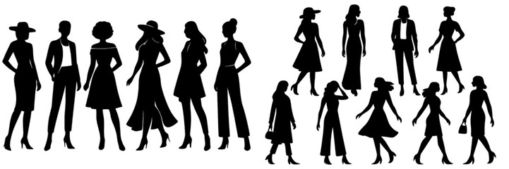 Silhouettes of fashionable women showcasing diverse styles in urban setting during daytime