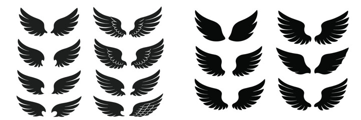 Various artistic wing designs in black illustrating movement and elegance for creative projects