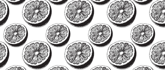 Seamless Vintage Citrus Engraving Pattern with Retro Aesthetic, ideal for Summer Branding, Kitchen Decor, and Organic Product Packaging.