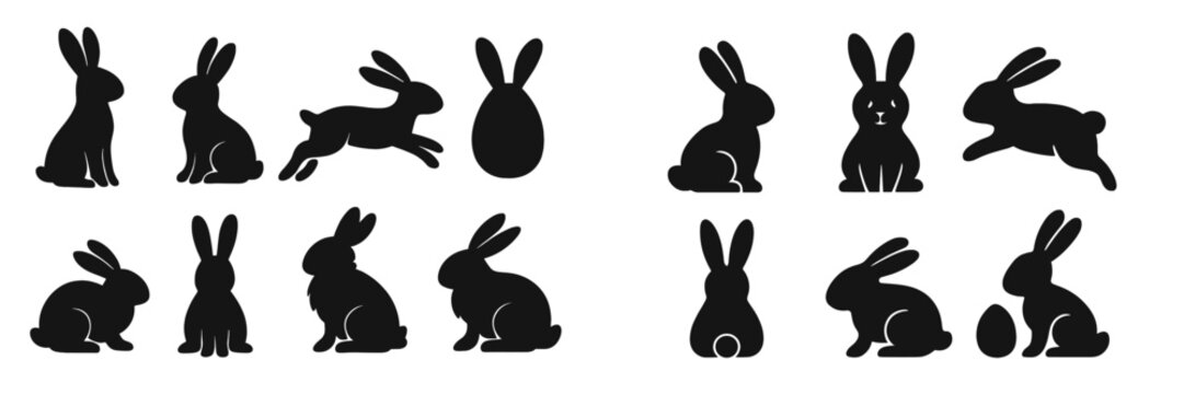 Various silhouettes of rabbits showcasing different poses and activities during springtime celebrations in a playful style