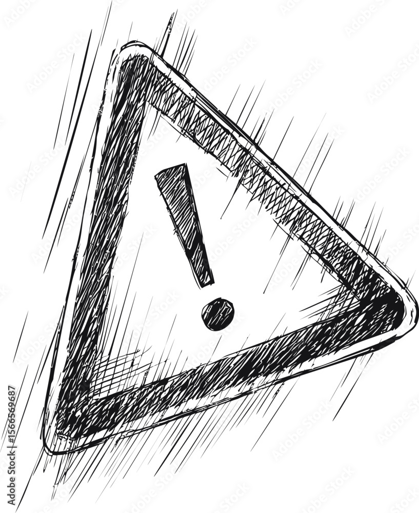 Poster Sketch of a triangular warning sign with exclamation mark drawn in black lines