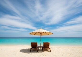 Tropical Beach with Lounge Chairs and Umbrella on White Sand with Clear Blue Sea