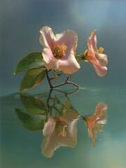 A Symphony of Pink Petals and Green Leaves in a Serene Blue Ocean