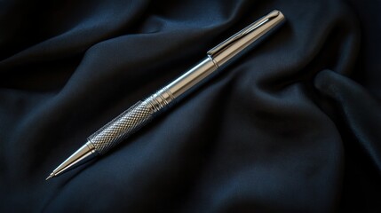 Naklejka premium Sleek silver pen with a textured grip rests on smooth black fabric, highlighting elegance and professionalism.