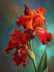 A Study in Red Irises Against a Mystical Blue-Green Backdrop