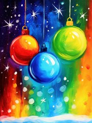 a trio of ornaments dangles in a cosmic ballet against a backdrop of twinkling stars and colorful snowflakes