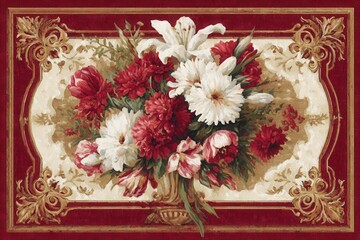An Elegant Bouquet of Red and White Lilies in a Golden Frame on a Rich Red Background