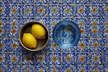 Two lemons rest in a metallic bowl on a blue-patterned tablecloth, accompanied by a glass of water