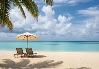 Tropical Beach with Lounge Chairs and Umbrella on White Sand with Clear Blue Sea
