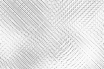 Radial halftone gradient background. Dotted concentric texture with fading effect. Black and white circle shade wallpaper. Grunge rough vector. Monochrome backdrop