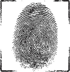 Black fingerprint illustration with distressed border, security concept
