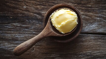 Homemade butter in wooden spoon on rustic wooden background, top view