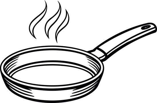 Black and white illustration of a frying pan with steam rising