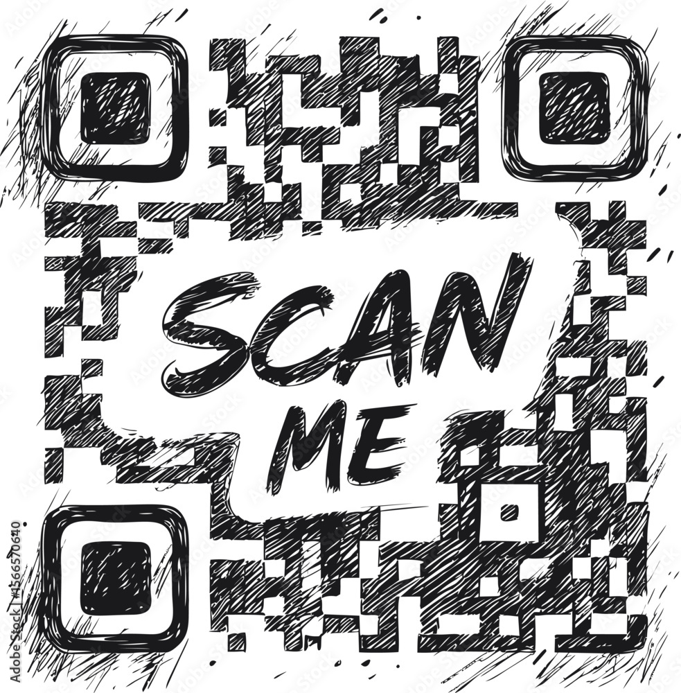 Poster Artistic black and white sketch of qr code with text 'scan me'