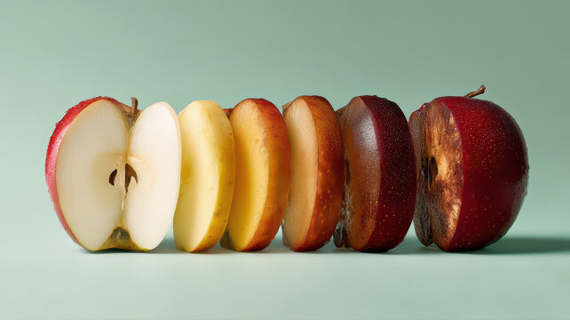 Apple sliced to show oxidation and browning over five vertical time-based stages