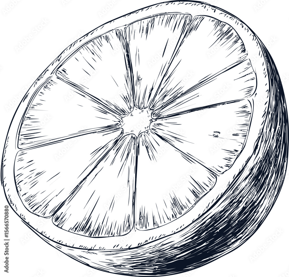 Poster Detailed sketch of a half-cut orange with visible segments and texture