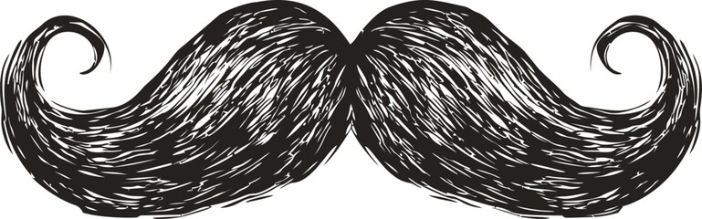 Curly black vintage handlebar mustache sketch with artistic texture