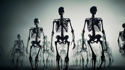Army of human skeletons walking forward through misty fog with dramatic shadows. Concept of Halloween horror, undead march, spooky bone army, fear of death and darkness - Powered by Adobe