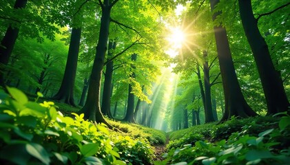 Obraz premium Sunlight Dappling Through Lush Green Forest Canopy A Vibrant Nature Scene