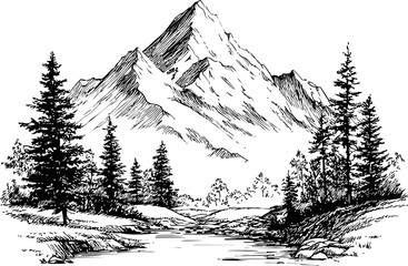 Black and white sketch of mountain landscape with pine trees and river