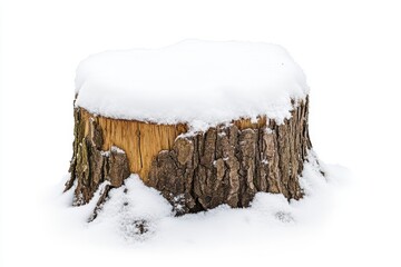A large tree stump covered in snow. The stump is surrounded by a white background. Old tree stump covered in snow isolated on white background.